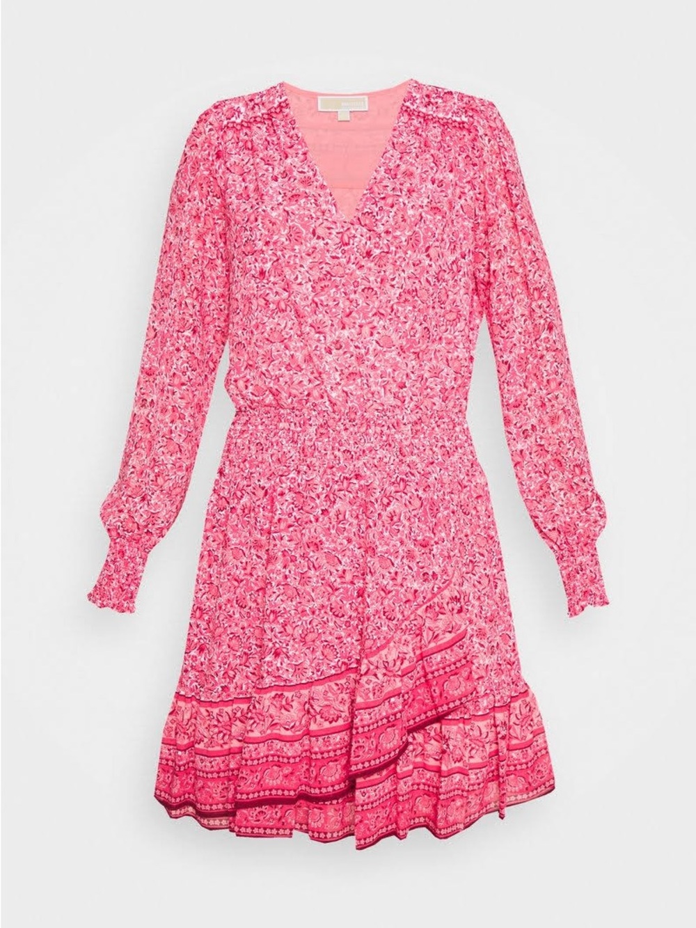 MICHAEL Michael Kors Pink Floral Long-Sleeve V-Neck Ruffle Hem Dress